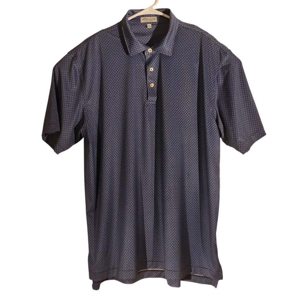 Peter Millar Summer Comfort polo shirt mens L Large blue geometric all over golf